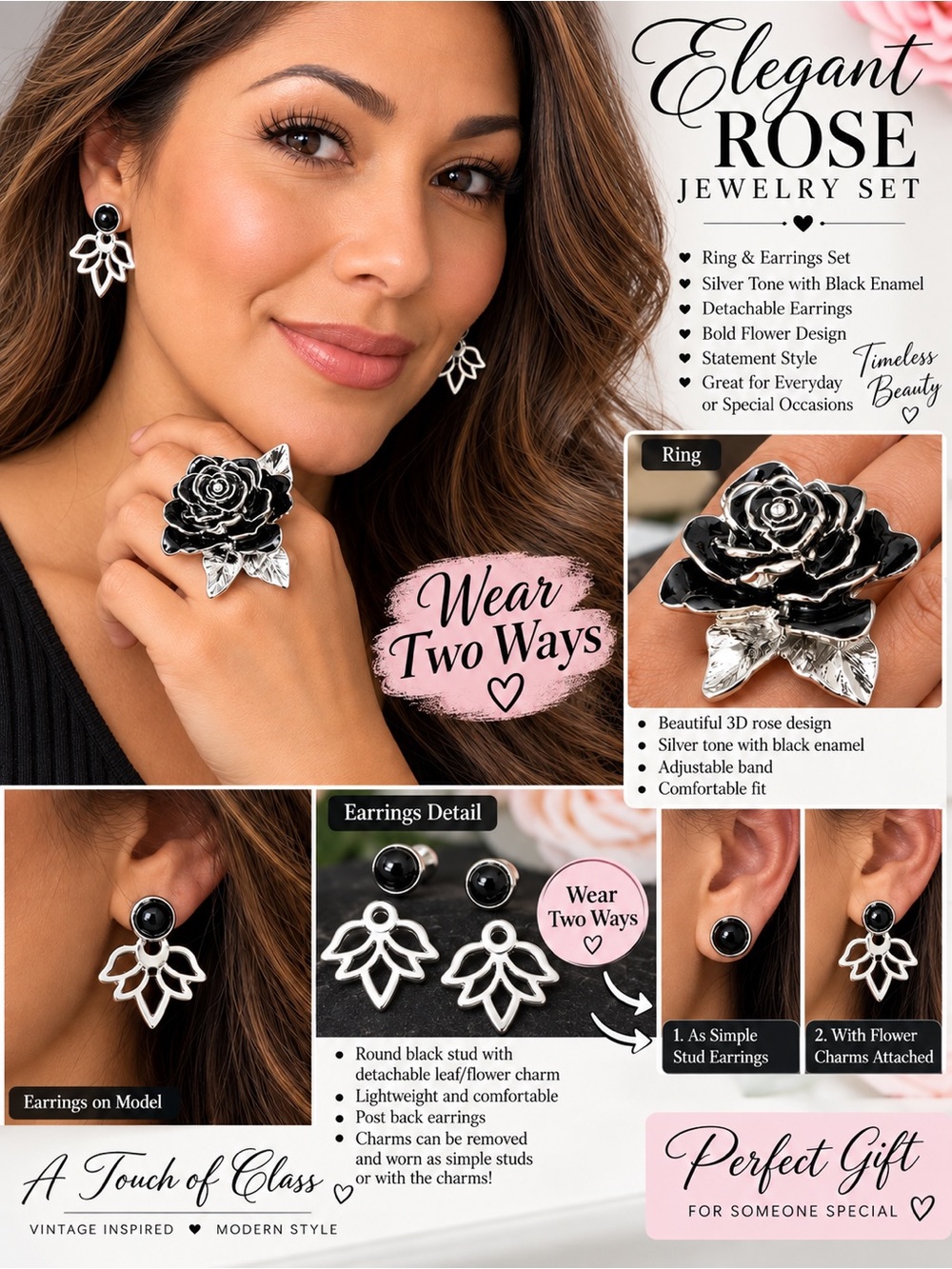 3 piece Elegant Rose Silver-Tone Black Enamel Ring & Earrings Set
